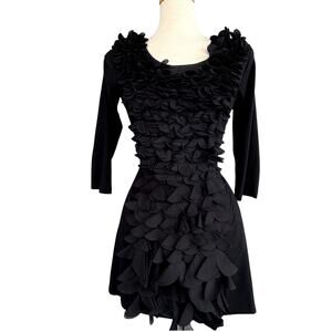 Black Vintage Cupro Petal Applique Mini Dress EU 44 Pockets Exposed Zip In Back